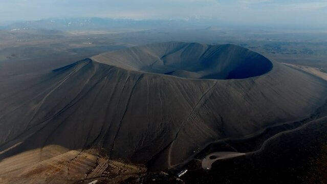 Aerial view of Hverfjall volcano crater in Iceland, a large Tephra cone or Tuff ring volcano.