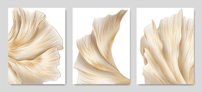 Abstract art background with white leaves or waves in golden line art style. Vector botanical set of hand drawn posters for wallpaper, print, textile, packaging, interior design.