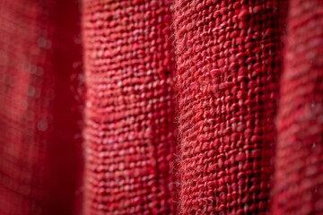 Close-up macro photograph showcasing the detailed texture and intricate woven pattern of a red fabric, highlighting the vivid color and fine craftsmanship involved in textile creation