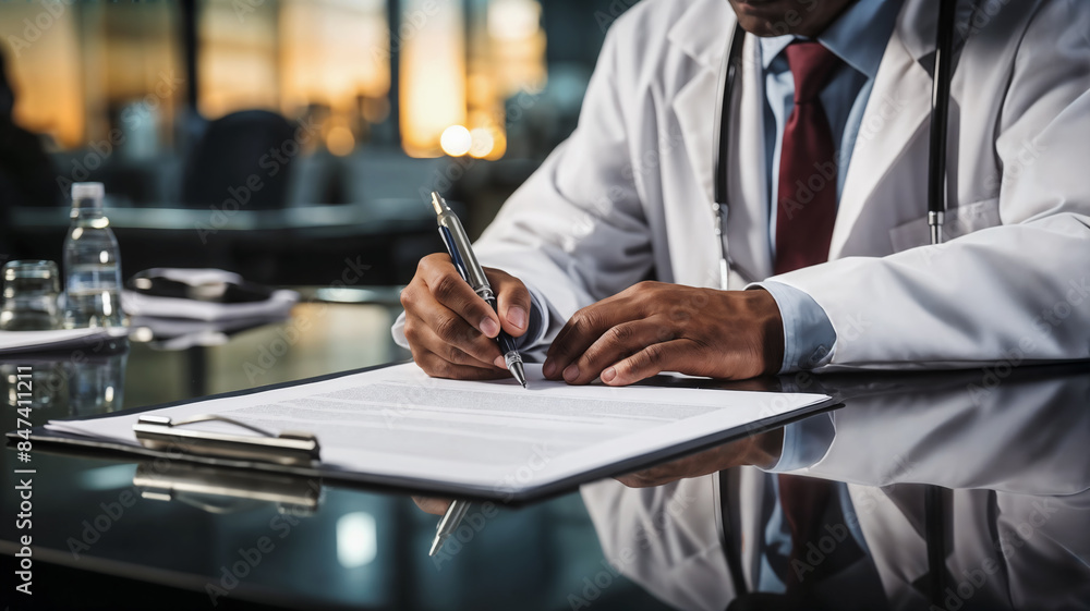 Wall mural doctor sign a report, closeup, medicine concept