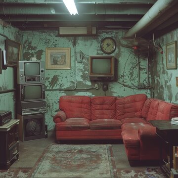 A vintage, dimly-lit basement living room featuring a worn-out red sectional sofa, old television sets, vintage wall decor, and an aged area rug, evoking a nostalgic ambiance