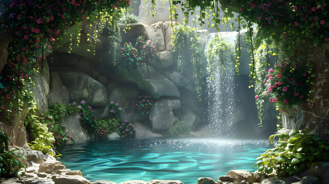 Grotte Cach&eacute;e avec Lianes en Cascade et une Cascade