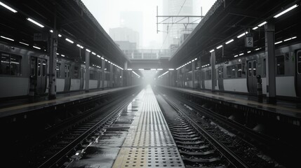 A foggy morning at a deserted urban train station with mist enveloping the tracks, highlighting the solitude and serene atmosphere of city transportation