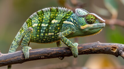 Obraz premium A beautifully detailed close-up of a vibrant green chameleon with intricate patterns and textures as it carefully perches on a branch in its natural habitat