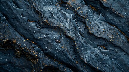 A highly detailed macro photograph capturing the textures and patterns of a rock surface with dark layers interspersed with glistening water droplets and flecks of golden minerals