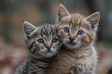 Fototapeta premium Two Adorable Kittens Sitting Closely Together Outdoors, with Beautiful Autumn Leaves in the Background, Looking Curiously at the Camera