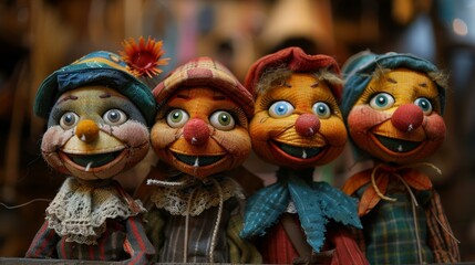 A charming and whimsical collection of four old-fashioned, colorful puppets with expressive faces, dressed in vibrant plaid clothing, arranged in a delightful row