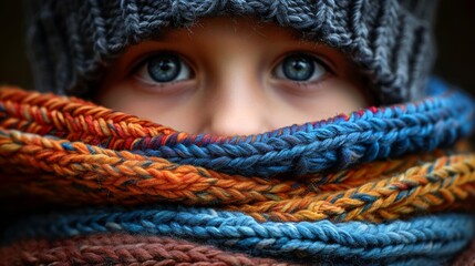 A close-up portrait of a child with blue eyes, wearing a knitted hat and wrapped in a colorful,...