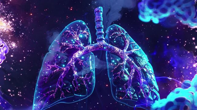 The twinkling holographic digital art of lungs with the bronchial tubes and airway in dark blue, each cone has purple sgraffito markings of cancer cells on it, background is a deep space nebula.