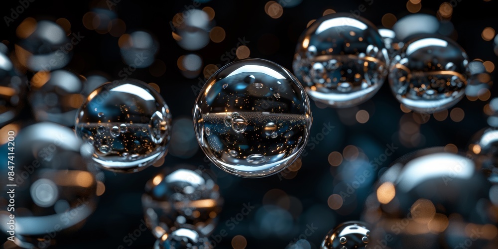 Aufkleber floating metallic bubbles with intricate reflections, set against a dark background with a bokeh eff