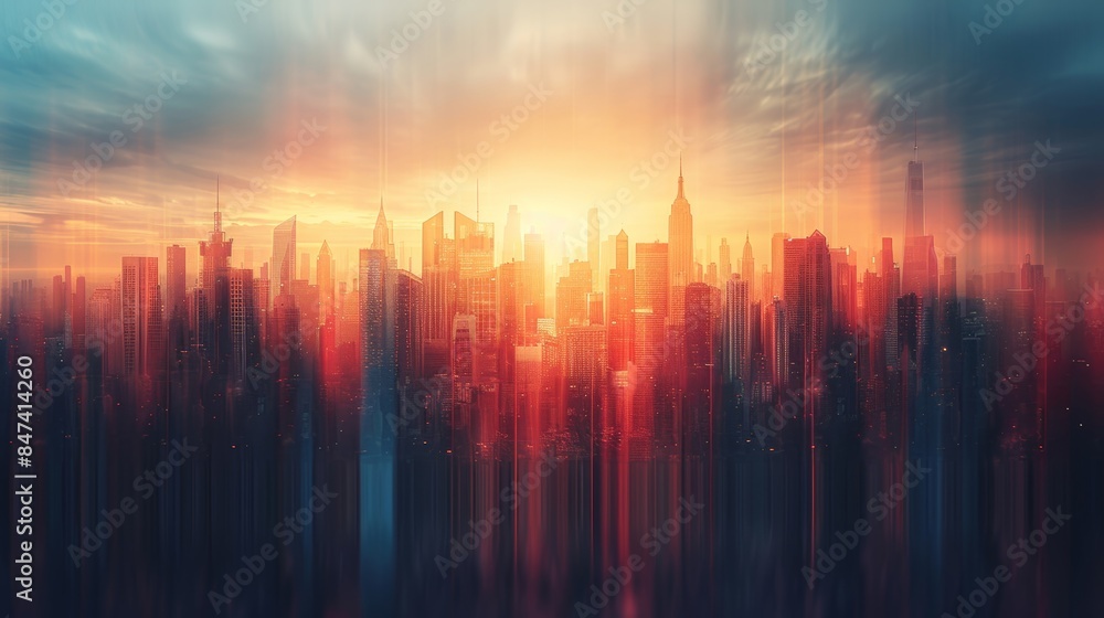 Poster an abstract cityscape at sunset with blurred vertical lines, creating a dynamic and vibrant visual e