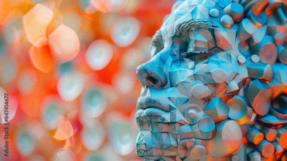 Poster abstract face sculpture with vibrant bokeh lights, showcasing a mix of geometric patterns and colors