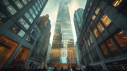 Vibrant Financial Center with Soaring Skyscrapers and Bustling City Streets
