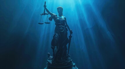 Lady justice statue standing in water with rays of light reflecting travel and beauty symbols of law and justice