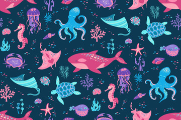 Ocean sea animals comic seamless pattern. Marine jellyfish, seashell seahorse fish crab, whale, medusa. Nautical undersea boundless background. Endless template design for paper print wrapper backdrop © neliakott