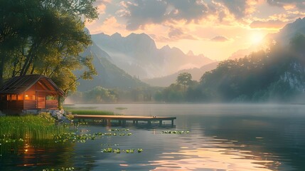 Fototapeta premium Tranquil Lakeside Retreat with Serene Mountain Reflections and Lush Vegetation