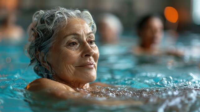elderly women doing exercise in indoor swimming pool.