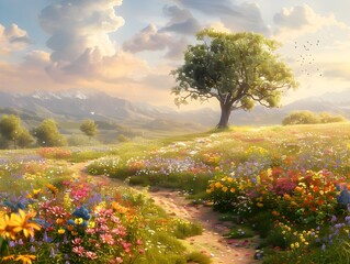 Vibrant Floral Meadow with Winding Dirt Path and Peaceful Tree