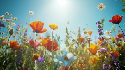 Fototapeta premium Wildflowers blooming in a sunny meadow under a clear blue sky.