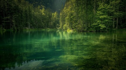 Fototapeta premium Sunlight filtering through forest trees onto a serene lake