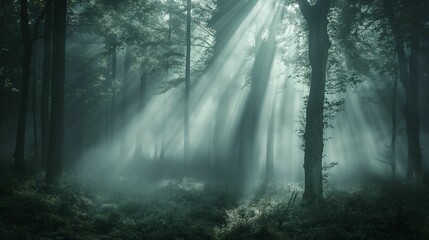 Naklejka premium Sunlight rays filtering through dense forest foliage.
