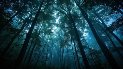 Naklejka premium Moonlight filtering through forest trees at night.
