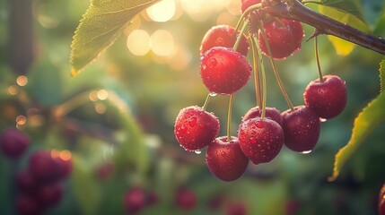 Obraz premium Fresh cherries with water droplets hanging from a branch in sunlight.