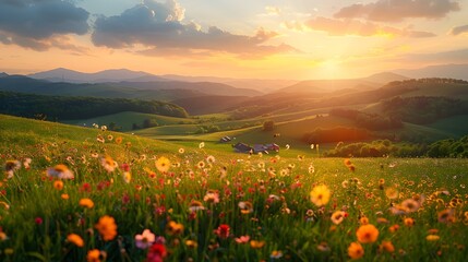 Fototapeta premium Serene Countryside Landscape with Blooming Meadow,Rolling Hills,and Warm Sunlight