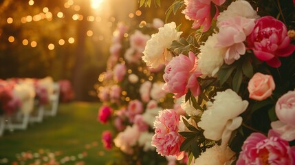 Fototapeta premium Pink and white peonies in a garden with bokeh lights.