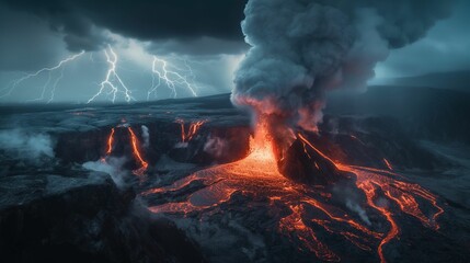 Active volcano erupting with lava flows and lightning in the sky.