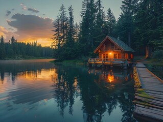 Fototapeta premium Tranquil Lakeside Retreat,Lush Forest Reflected in Still Waters