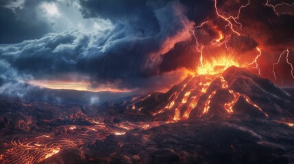 Active volcano erupting with lava flows and lightning in the sky.
