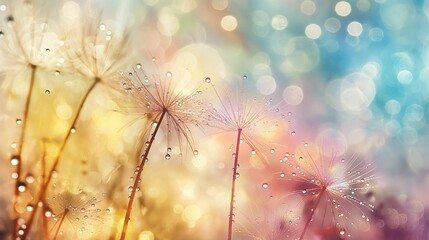 Dandelion seeds with water droplets and colorful bokeh background.