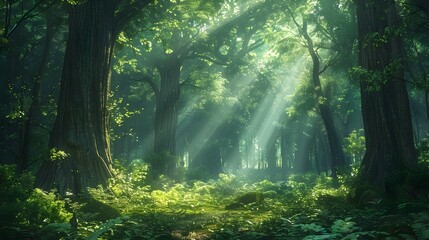 Obraz premium Enchanting Forest Landscape Bathed in Warm Sunlight Filtering Through Verdant Canopy