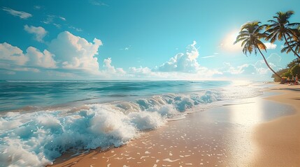 Tranquil Tropical Beach Paradise with Swaying Palm Trees and Crashing Waves