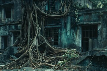 abandoned house in the woods with overgrown roots 