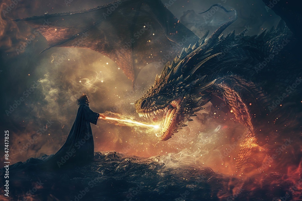 Wall mural sorcerer casting spells against a dragon