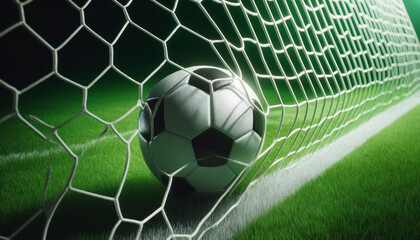 Soccer Ball in Goal Net on Green Field with Copy-Space