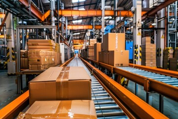 Busy warehouse operation with conveyor belt transporting boxes in the middle of the room