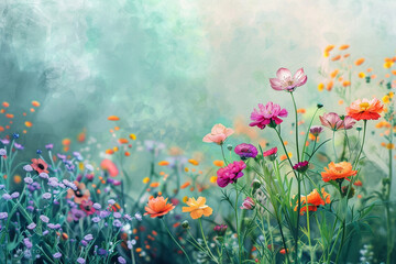 Obraz premium Vibrant floral background with a wildflower meadow, representing the diverse and nurturing nature of mothers. Bright colors, watercolor