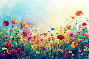 Vibrant floral background with a wildflower meadow, representing the diverse and nurturing nature of mothers. Bright colors, watercolor