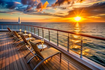 Naklejka premium The Gentle Waves And Setting Sun Make The Perfect Backdrop For A Relaxing Evening On The Cruise Ship'S Deck.