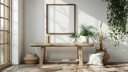Modern Living: Mockup Frame in White Room with Wooden Décor