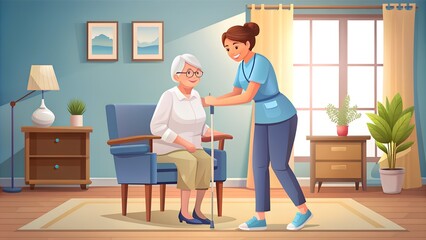 Elderly woman is assisted by nurse at home, Elderly caretaker, senior woman. 2D vector isolated illustration.