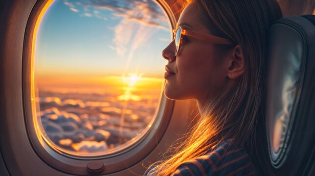 Woman enjoying sunset view from airplane window