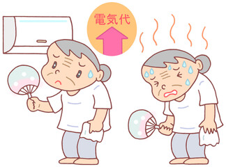 社会問題のイラスト - 電気代節約・熱中症の危険性・高齢者・電気代値上げ