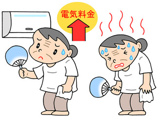 社会問題のイラスト - 電気代節約・熱中症の危険性・高齢者・電気代値上げ
