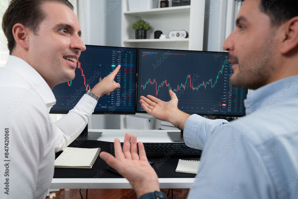 Poster successful stock exchange traders focusing on high profit chart investment on dynamic database, anal