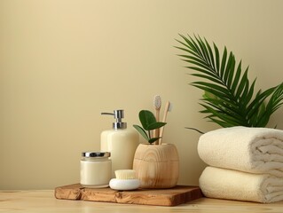 Different bath accessories and houseplant on wooden table against beige background, closeup. Space for text - ai