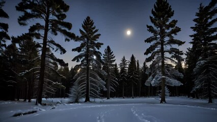 Snow Covered Forest at Night With Full Moon in Winter - Powered by Adobe